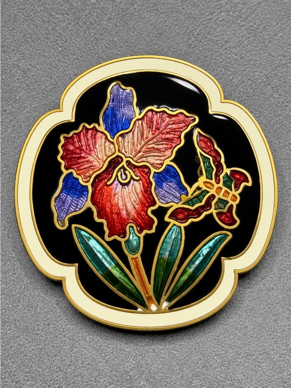 Vintage Floral Cloisonné Pin - Black, Red, Blue, Green #cl227